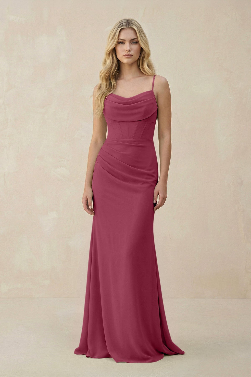 Cowl Neck Sheath Chiffon Bridesmaid Dress with Corset in Desert Rose - SHE IS ME Bridesmaid Dresses