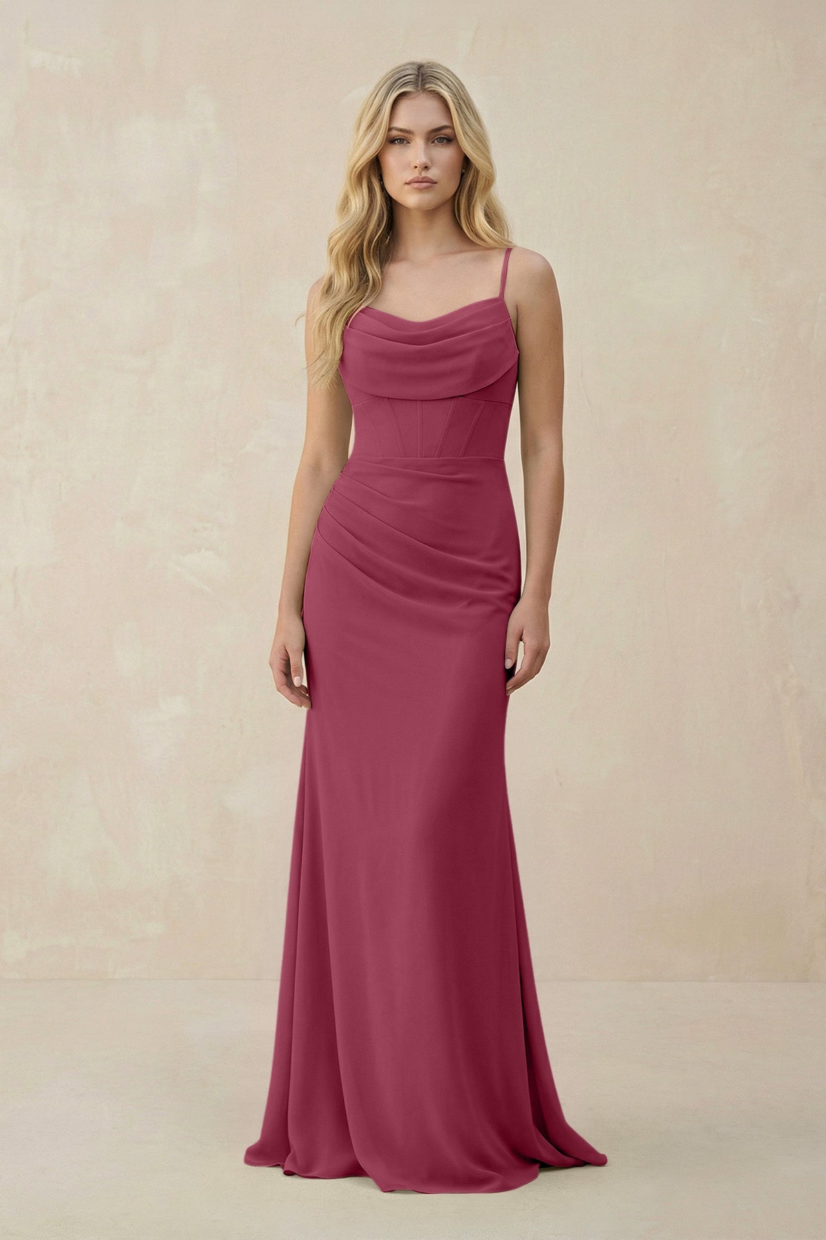 Cowl Neck Sheath Chiffon Bridesmaid Dress with Corset in Desert Rose - SHE IS ME Bridesmaid Dresses
