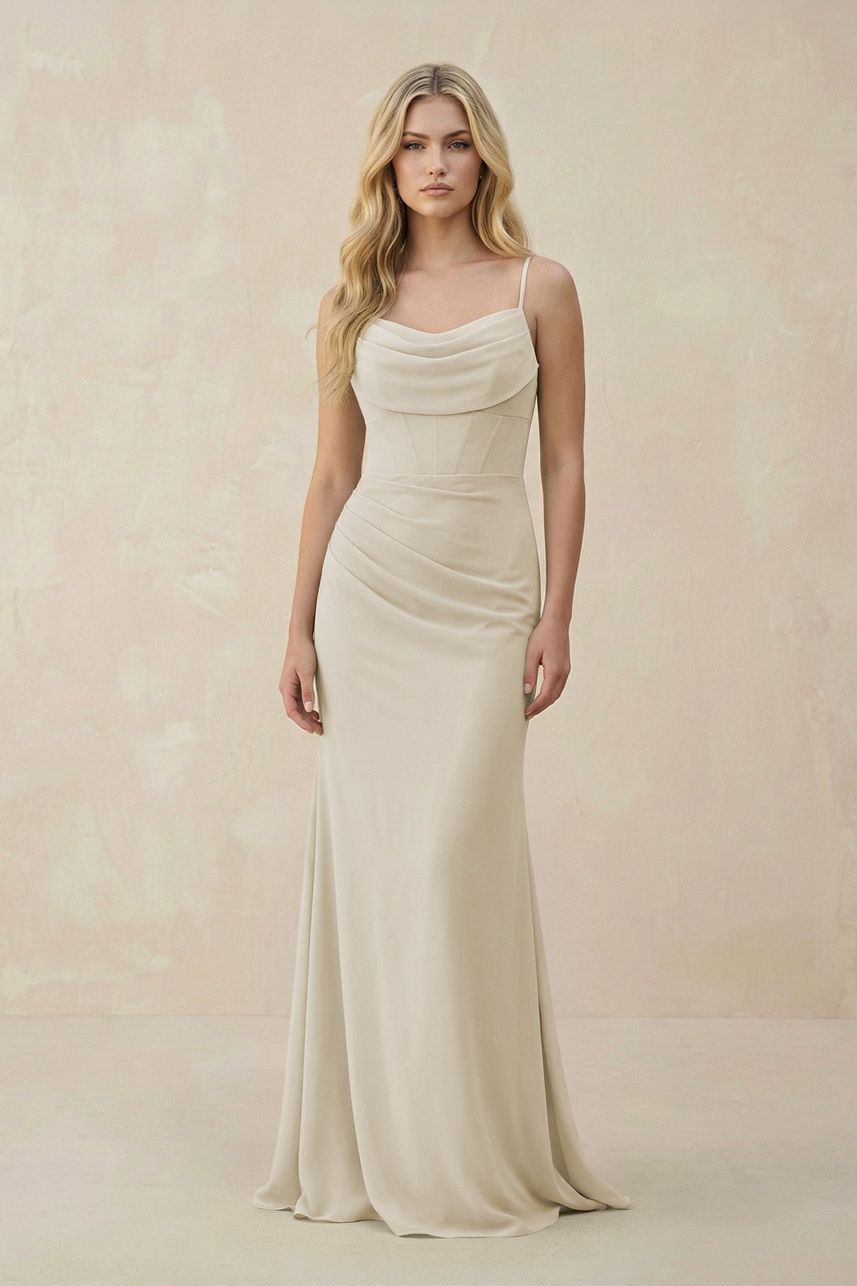 Cowl Neck Sheath Chiffon Bridesmaid Dress with Corset in Dove Gray - SHE IS ME Bridesmaid Dresses