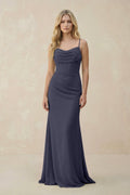 Cowl Neck Sheath Chiffon Bridesmaid Dress with Corset in Dusk Blue - SHE IS ME Bridesmaid Dresses