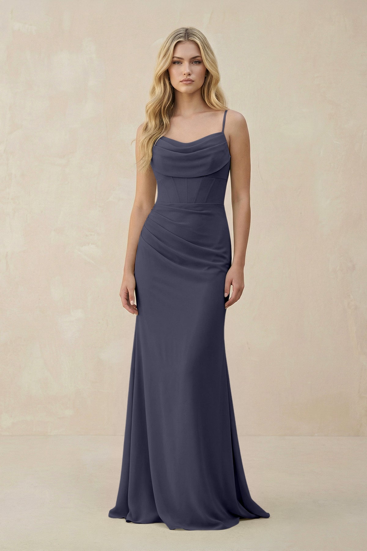 Cowl Neck Sheath Chiffon Bridesmaid Dress with Corset in Dusk Blue - SHE IS ME Bridesmaid Dresses
