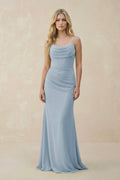 Cowl Neck Sheath Chiffon Bridesmaid Dress with Corset in Dusty Blue - SHE IS ME Bridesmaid Dresses