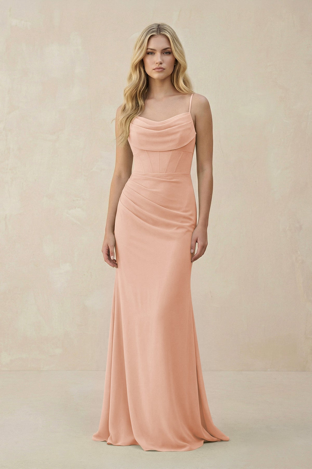 Cowl Neck Sheath Chiffon Bridesmaid Dress with Corset in English Rose - SHE IS ME Bridesmaid Dresses