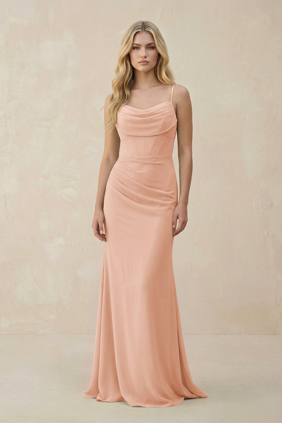 Cowl Neck Sheath Chiffon Bridesmaid Dress with Corset in English Rose - SHE IS ME Bridesmaid Dresses