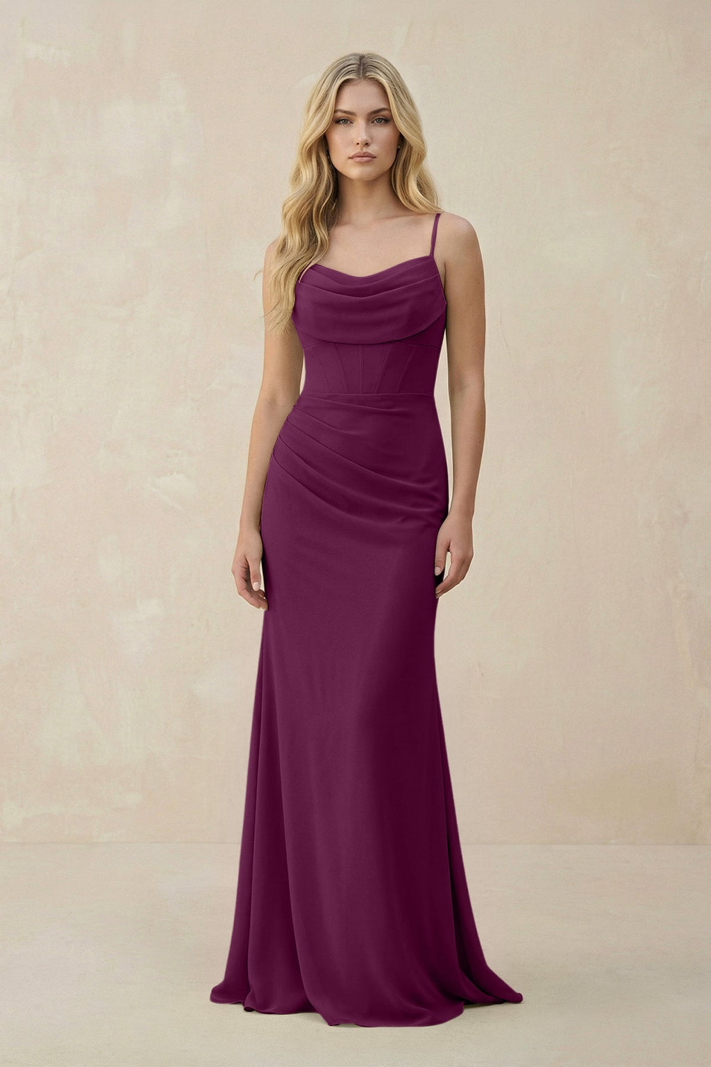 Cowl Neck Sheath Chiffon Bridesmaid Dress with Corset in Fig - SHE IS ME Bridesmaid Dresses