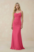 Cowl Neck Sheath Chiffon Bridesmaid Dress with Corset in Fuchsia - SHE IS ME Bridesmaid Dresses