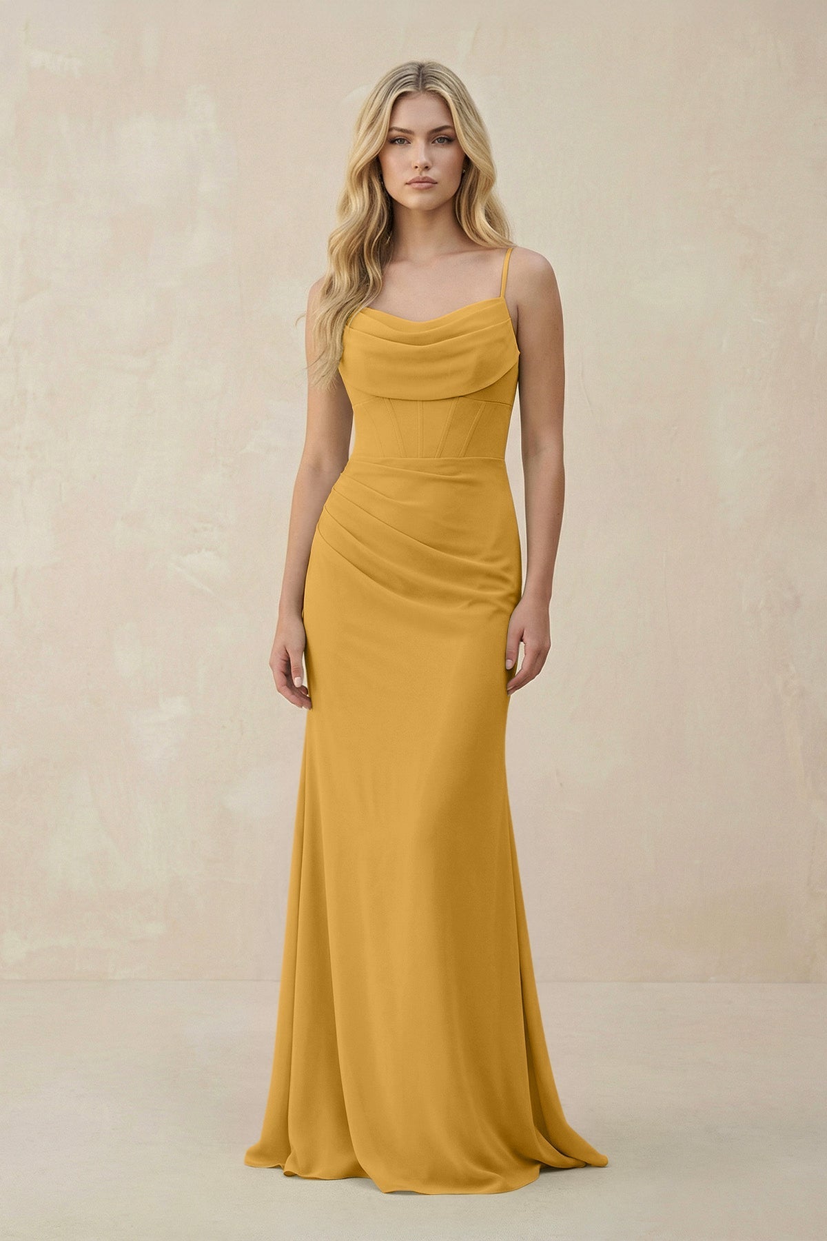Cowl Neck Sheath Chiffon Bridesmaid Dress with Corset in Marigold - SHE IS ME Bridesmaid Dresses