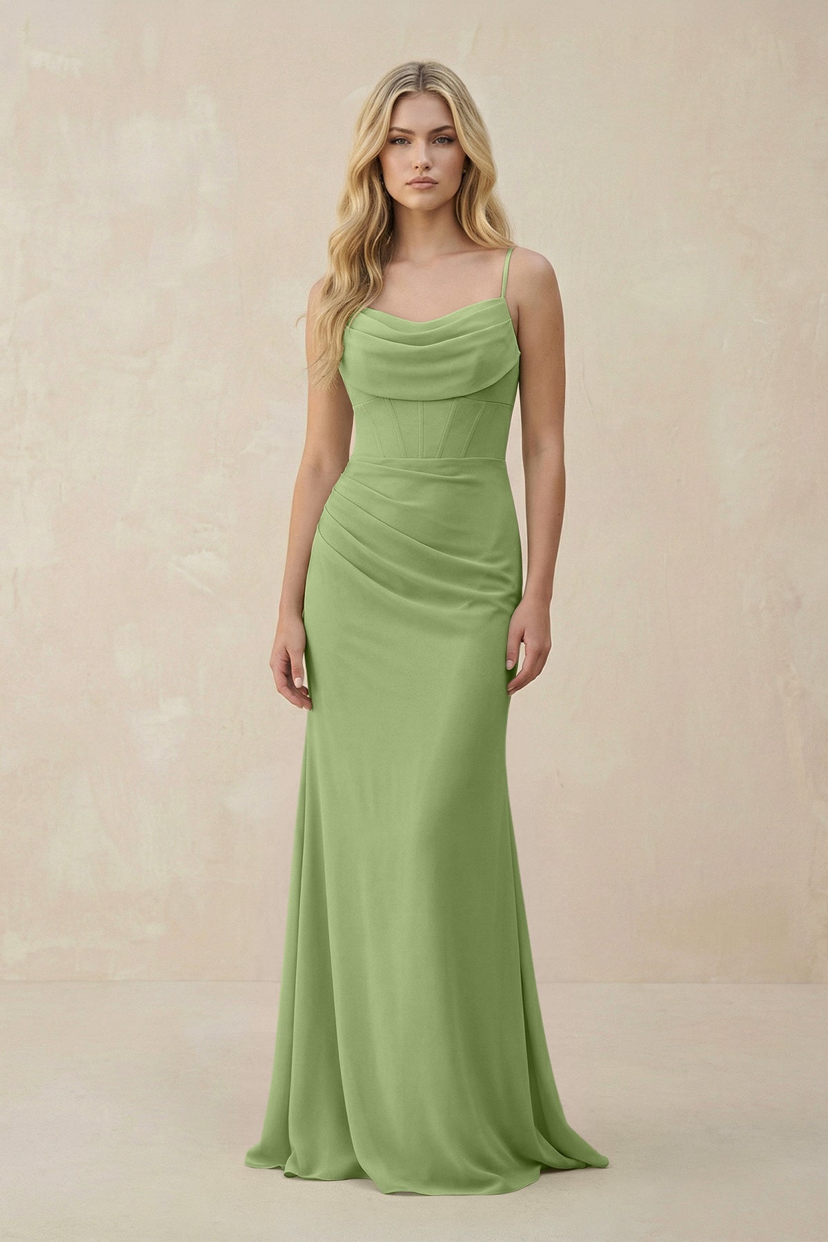 Cowl Neck Sheath Chiffon Bridesmaid Dress with Corset in Matcha - SHE IS ME Bridesmaid Dresses