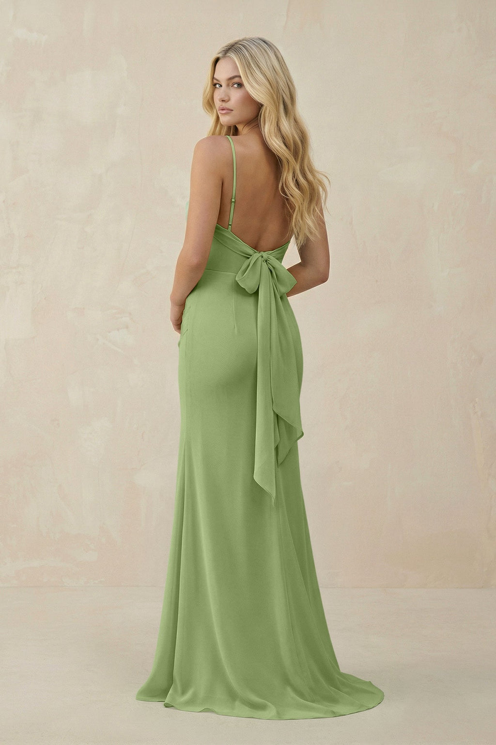 Cowl Neck Sheath Chiffon Bridesmaid Dress with Corset in Matcha - SHE IS ME Bridesmaid Dresses