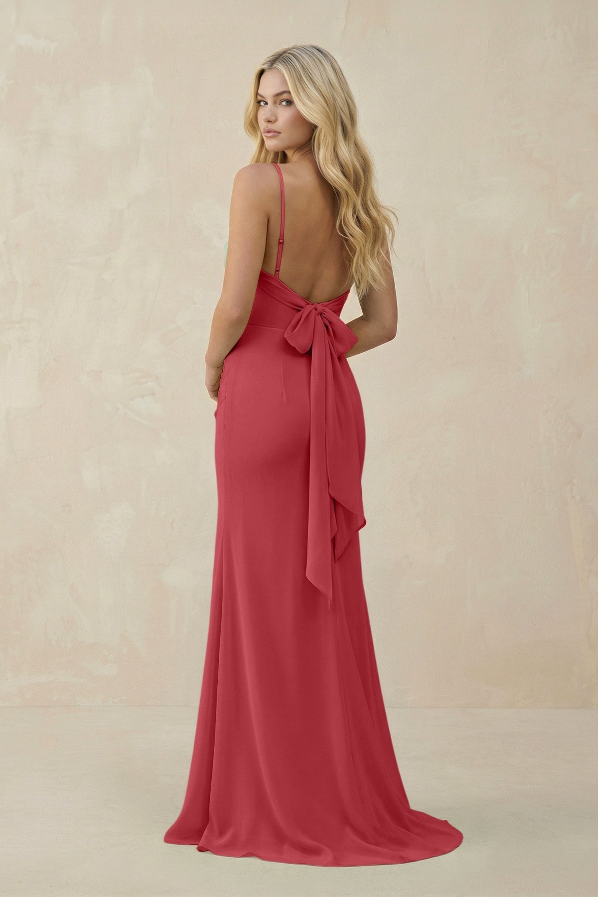 Cowl Neck Sheath Chiffon Bridesmaid Dress with Corset in Merlot - SHE IS ME Bridesmaid Dresses