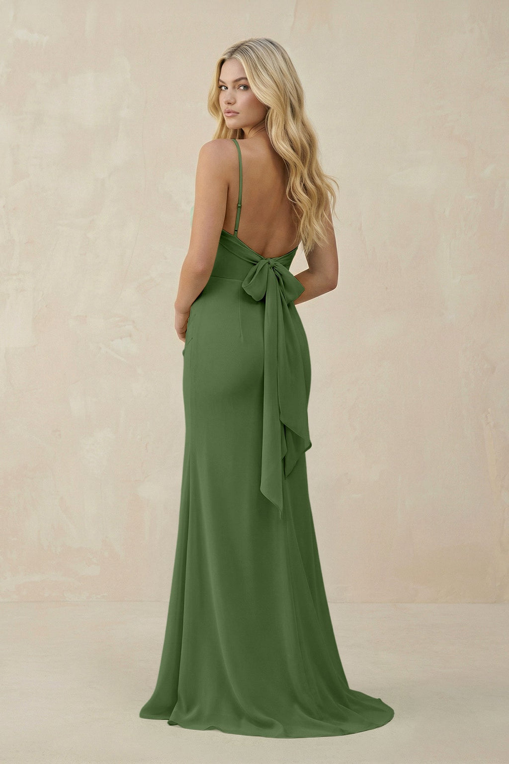 Cowl Neck Sheath Chiffon Bridesmaid Dress with Corset in Moss - SHE IS ME Bridesmaid Dresses