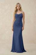 Cowl Neck Sheath Chiffon Bridesmaid Dress with Corset in Navy - SHE IS ME Bridesmaid Dresses