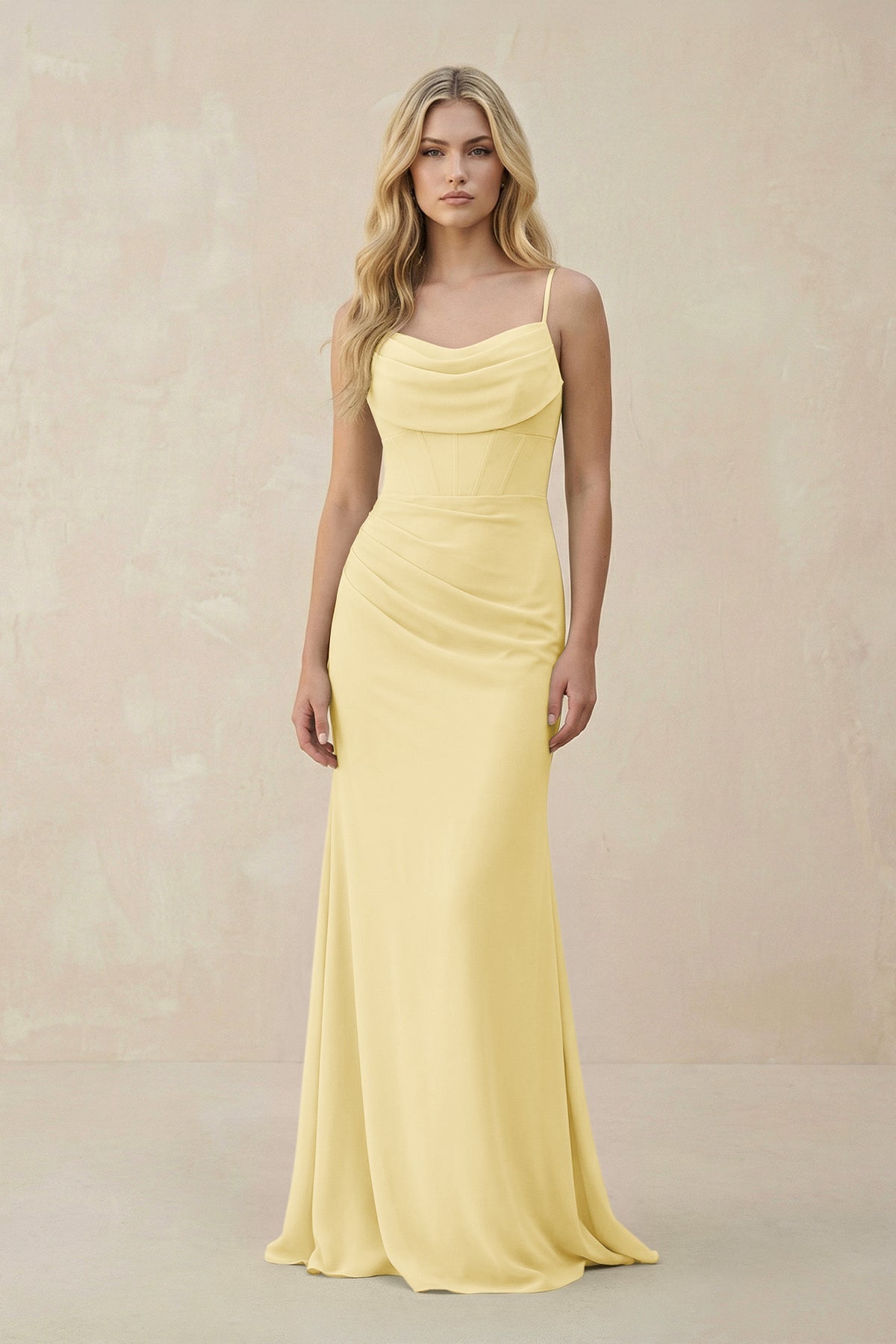 Cowl Neck Sheath Chiffon Bridesmaid Dress with Corset in Pastel Yellow - SHE IS ME Bridesmaid Dresses
