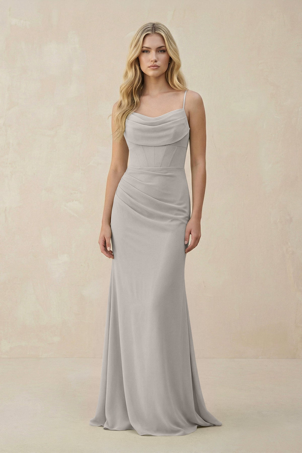 Cowl Neck Sheath Chiffon Bridesmaid Dress with Corset in Silver - SHE IS ME Bridesmaid Dresses