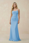 Cowl Neck Sheath Chiffon Bridesmaid Dress with Corset in Steel Blue - SHE IS ME Bridesmaid Dresses