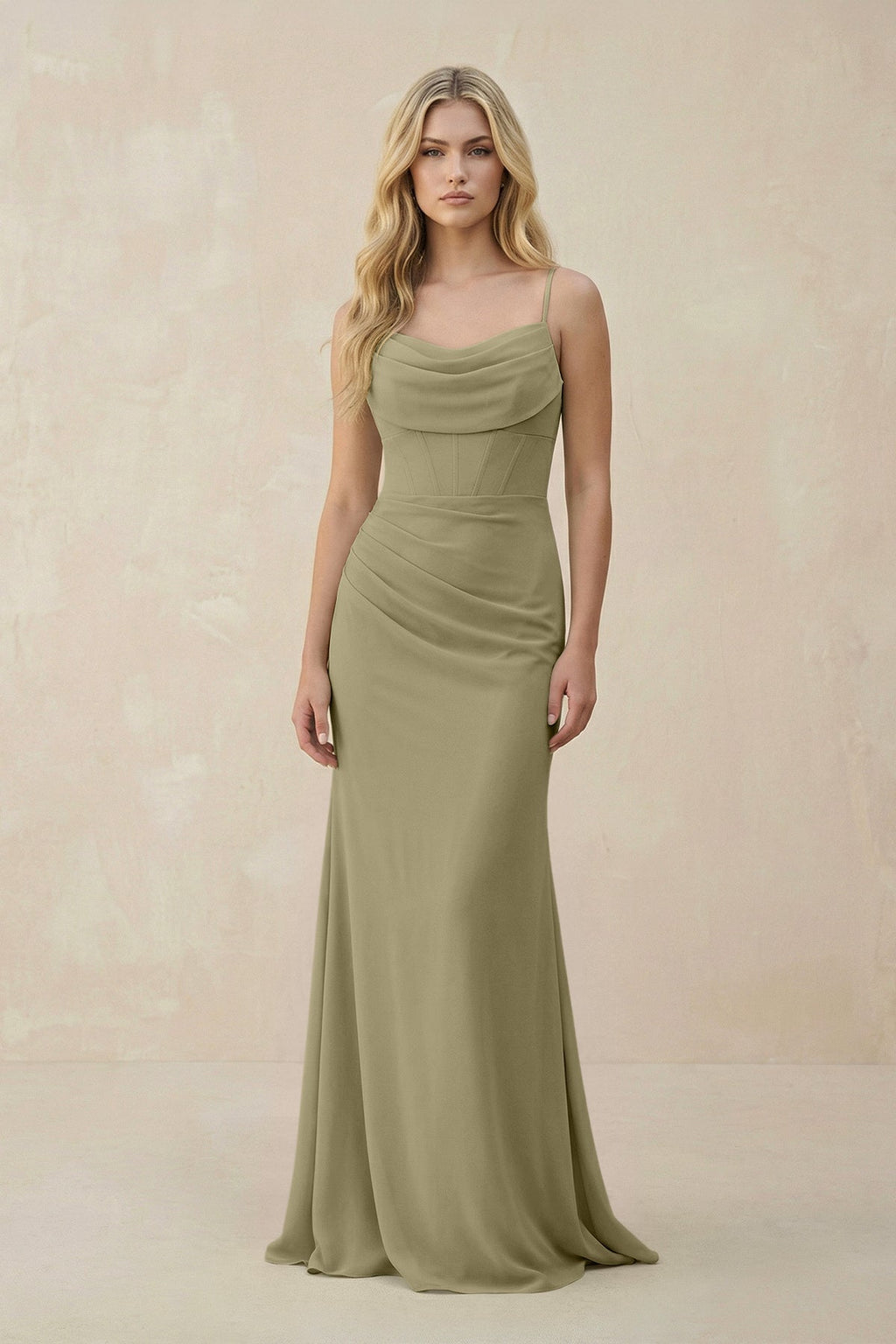 Cowl Neck Sheath Chiffon Bridesmaid Dress with Corset in Thyme - SHE IS ME Bridesmaid Dresses
