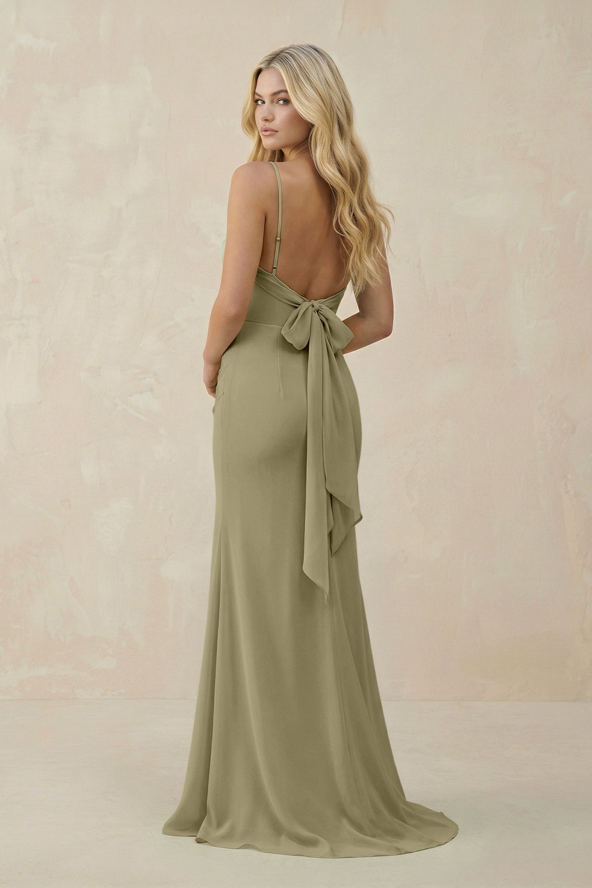Cowl Neck Sheath Chiffon Bridesmaid Dress with Corset in Thyme - SHE IS ME Bridesmaid Dresses