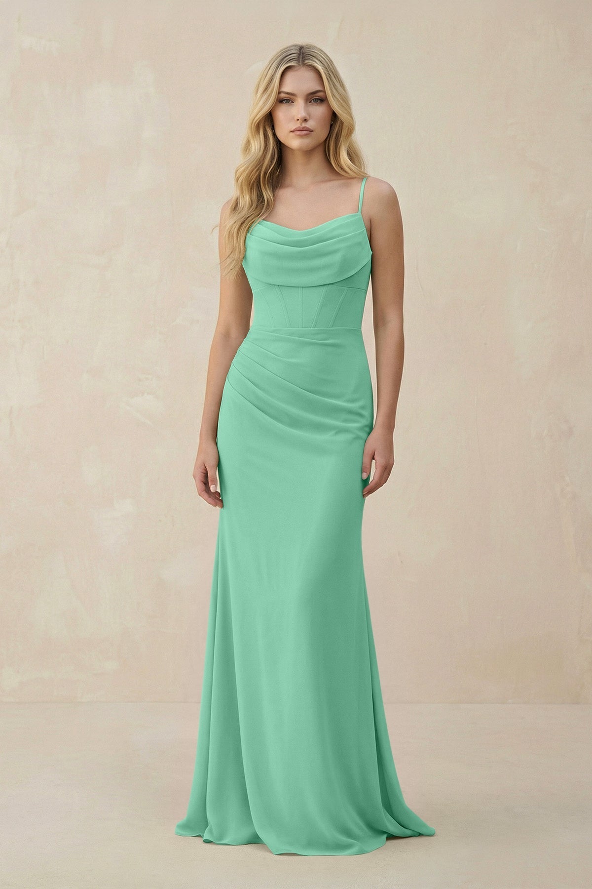 Cowl Neck Sheath Chiffon Bridesmaid Dress with Corset in Turquoise - SHE IS ME Bridesmaid Dresses