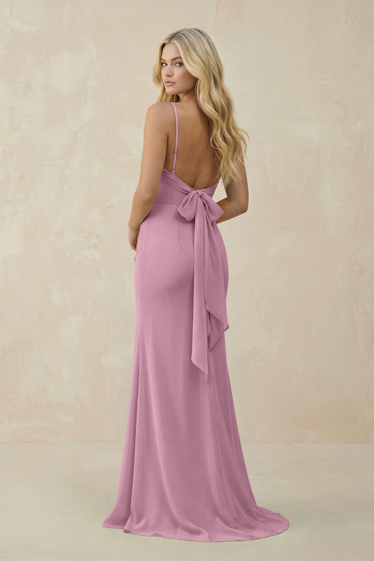 Cowl Neck Sheath Chiffon Bridesmaid Dress with Corset in Vintage Mauve - SHE IS ME Bridesmaid Dresses