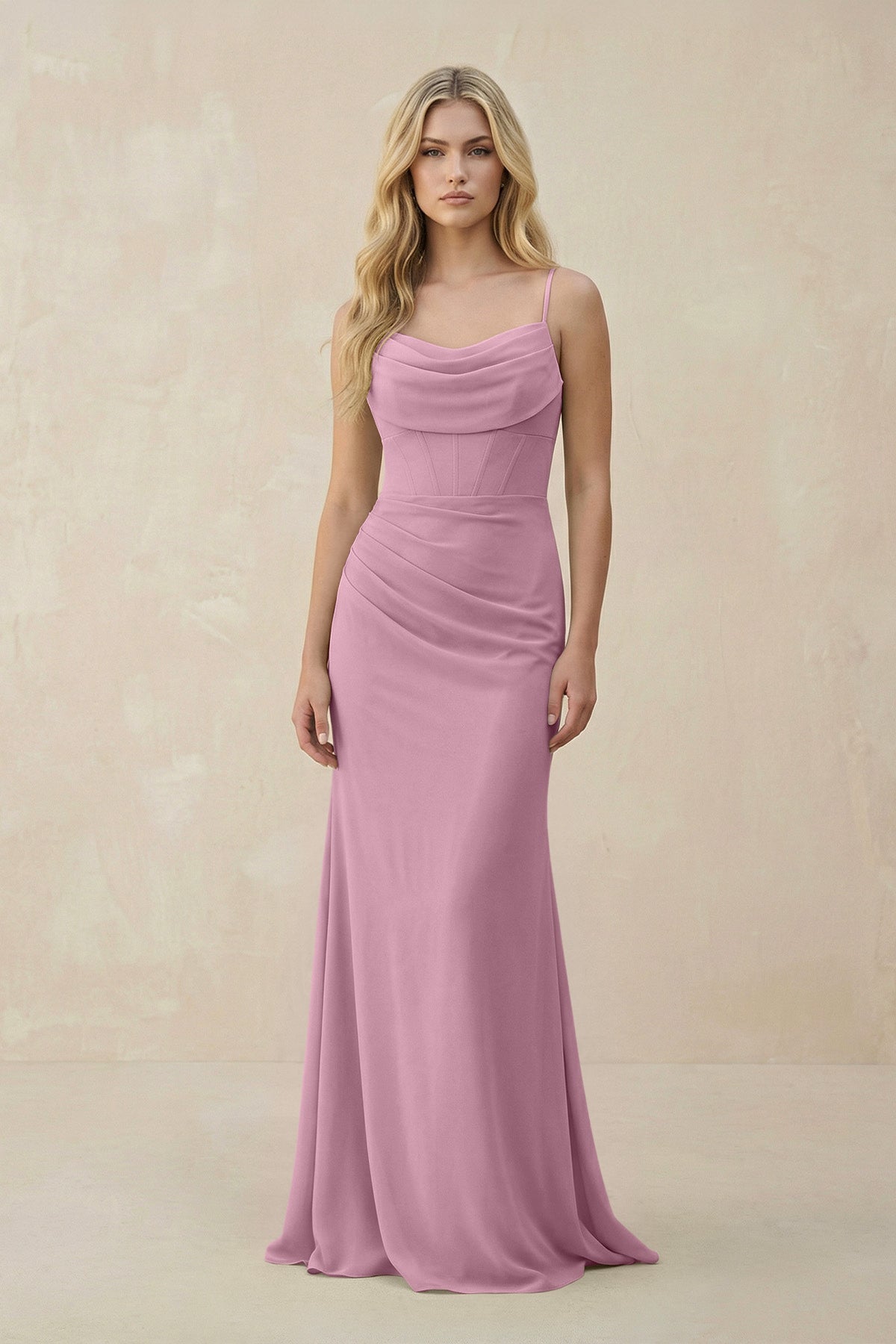 Cowl Neck Sheath Chiffon Bridesmaid Dress with Corset in Vintage Mauve - SHE IS ME Bridesmaid Dresses