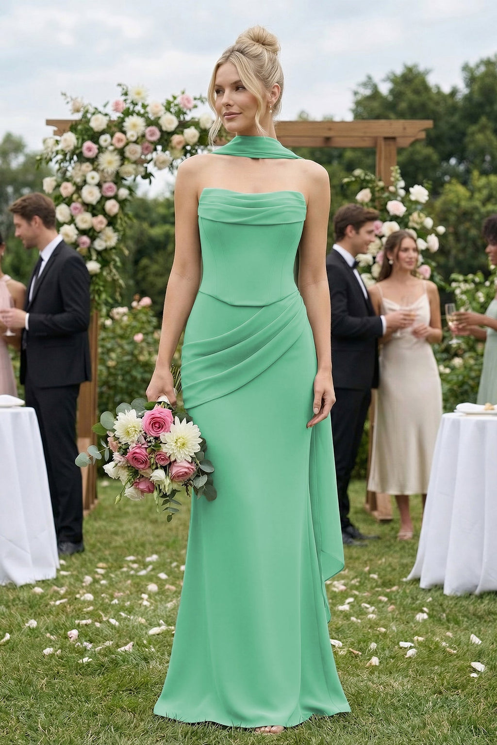 Cowl Neck Sheath Chiffon Bridesmaid Dress with Ribbon in Turquoise - SHE IS ME Bridesmaid Dresses
