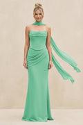 Cowl Neck Sheath Chiffon Bridesmaid Dress with Ribbon in Turquoise - SHE IS ME Bridesmaid Dresses