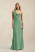 Cowl Neck Sheath Chiffon Maxi Bridesmaid Dress With Ribbon in Sea Glass - SHE IS ME Bridesmaid Dresses