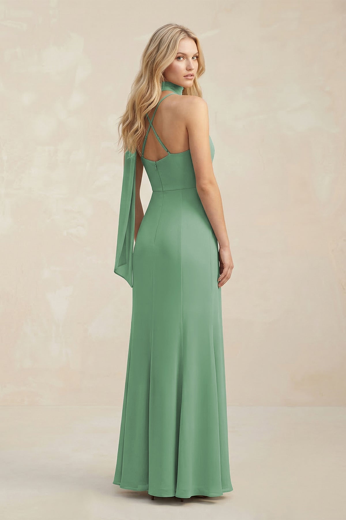 Cowl Neck Sheath Chiffon Maxi Bridesmaid Dress With Ribbon in Sea Glass - SHE IS ME Bridesmaid Dresses