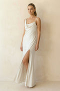 Cowl Neck Sheath Satin Wedding Dress With Slit in White - SHE IS ME Wedding Dresses
