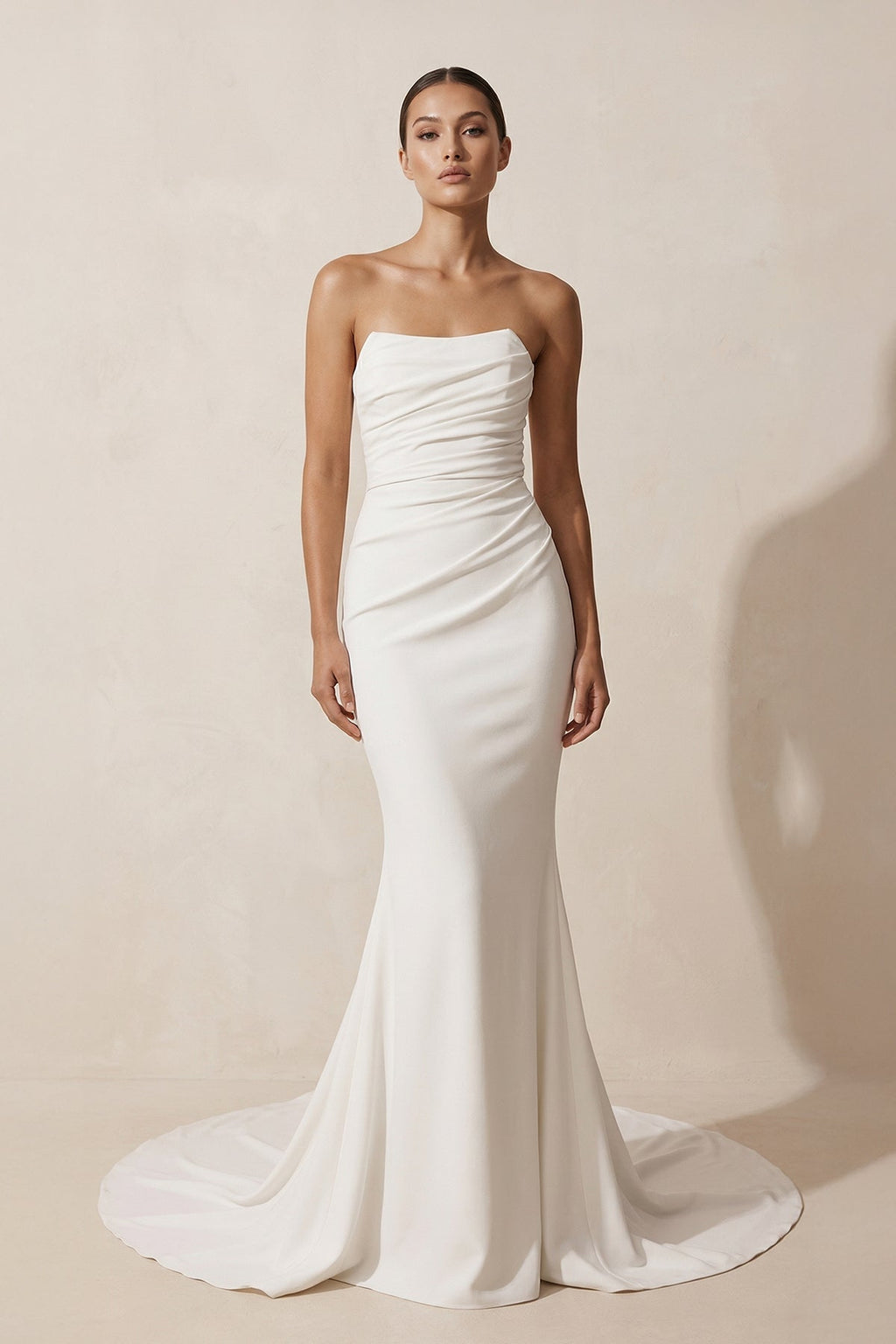Crepe Strapless Ruched Mermaid Wedding Dress in Ivory - SHE IS ME Wedding Dresses
