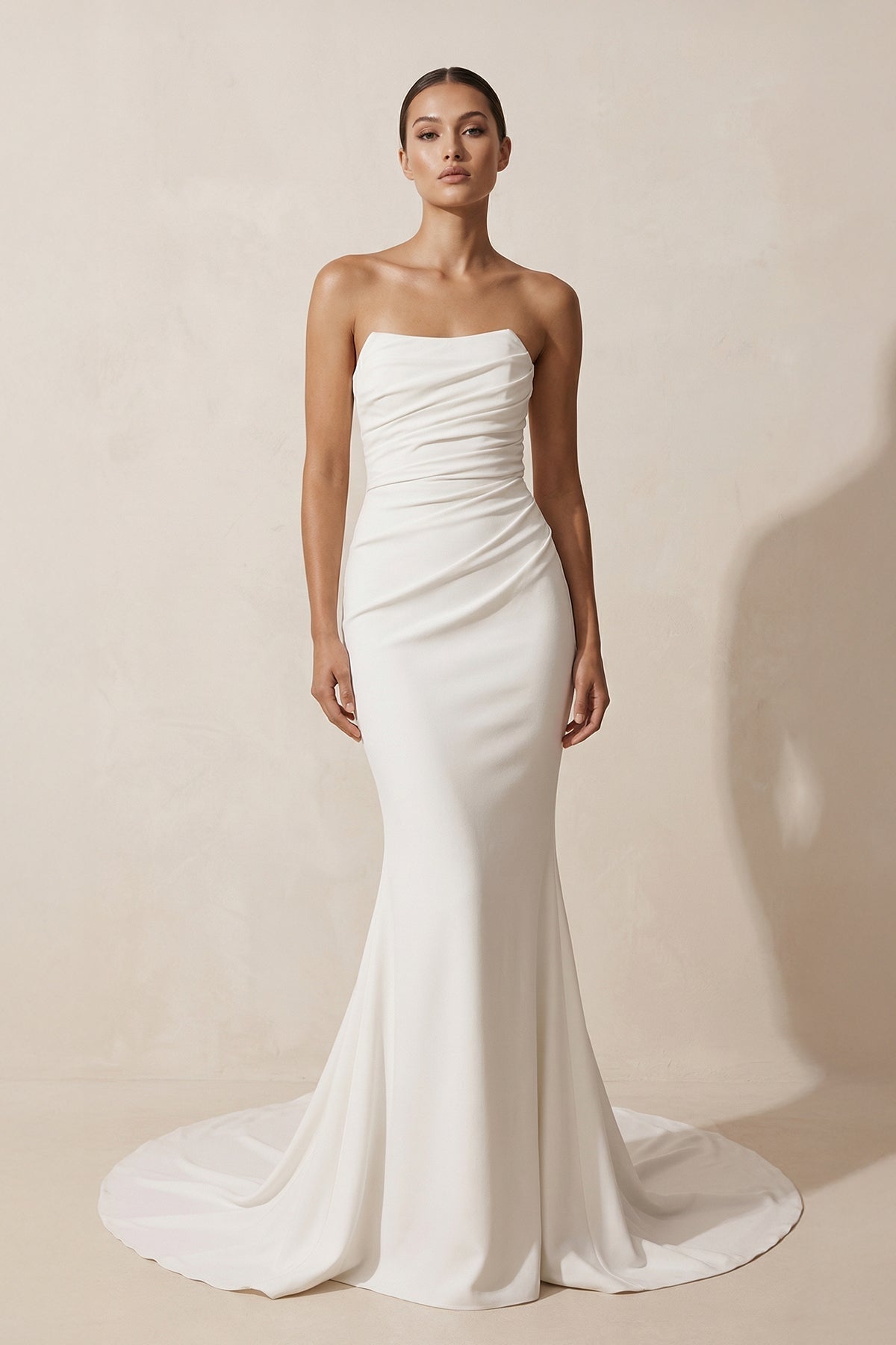 Crepe Strapless Ruched Mermaid Wedding Dress in Ivory - SHE IS ME Wedding Dresses