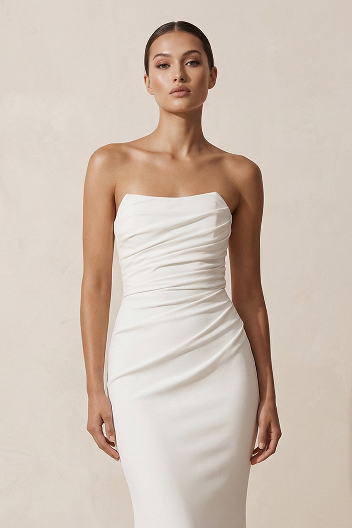 Crepe Strapless Ruched Mermaid Wedding Dress in Ivory - SHE IS ME Wedding Dresses