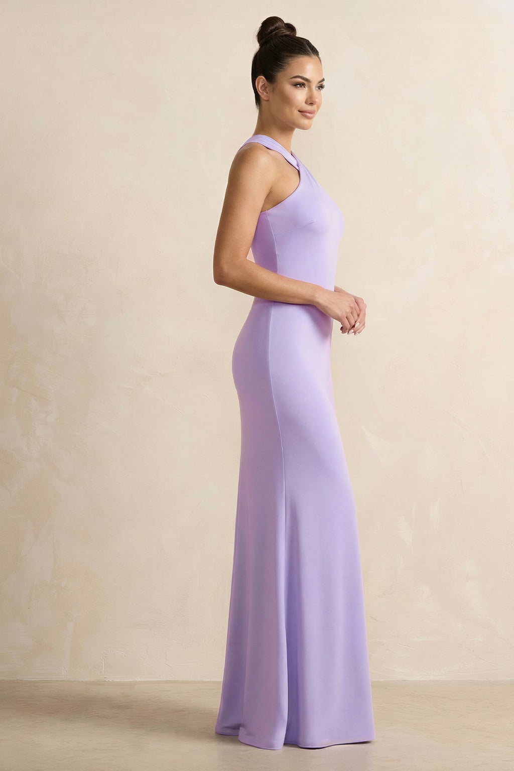 Crisscross Halter Sheath Chiffon Bridesmaid Dress with Bow in Lavender - SHE IS ME BRIDESMAID DRESSES