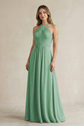 Cross Halter A - Line Pleated Bridesmaid Dress in Sea Glass - SHE IS ME Bridesmaid Dresses