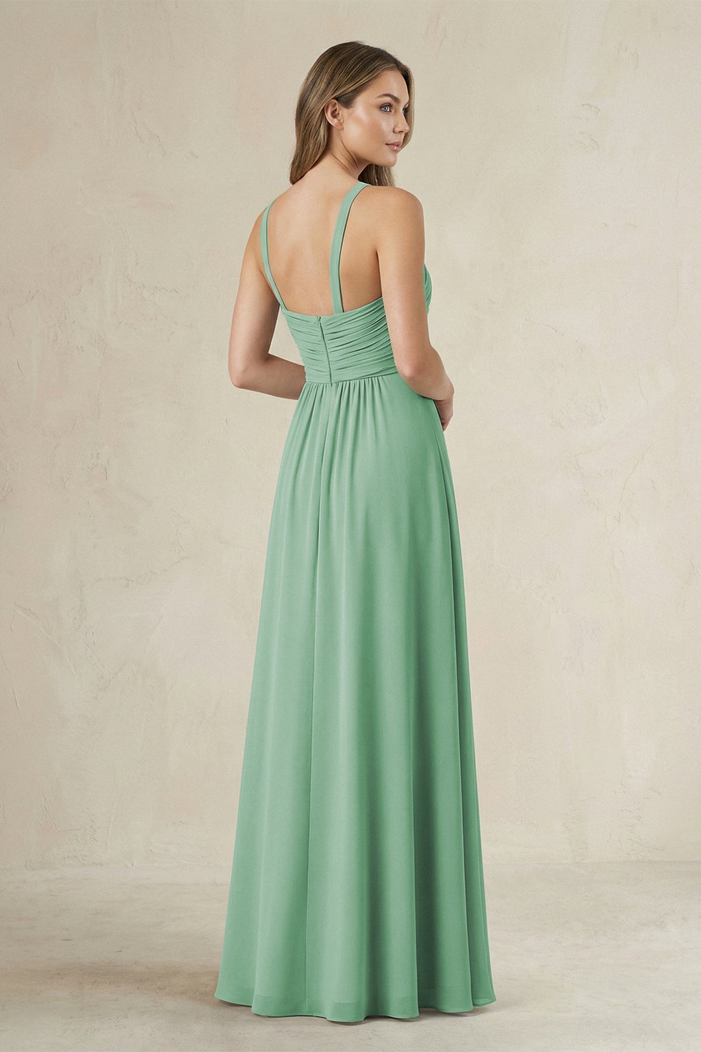 Cross Halter A - Line Pleated Bridesmaid Dress in Sea Glass - SHE IS ME Bridesmaid Dresses