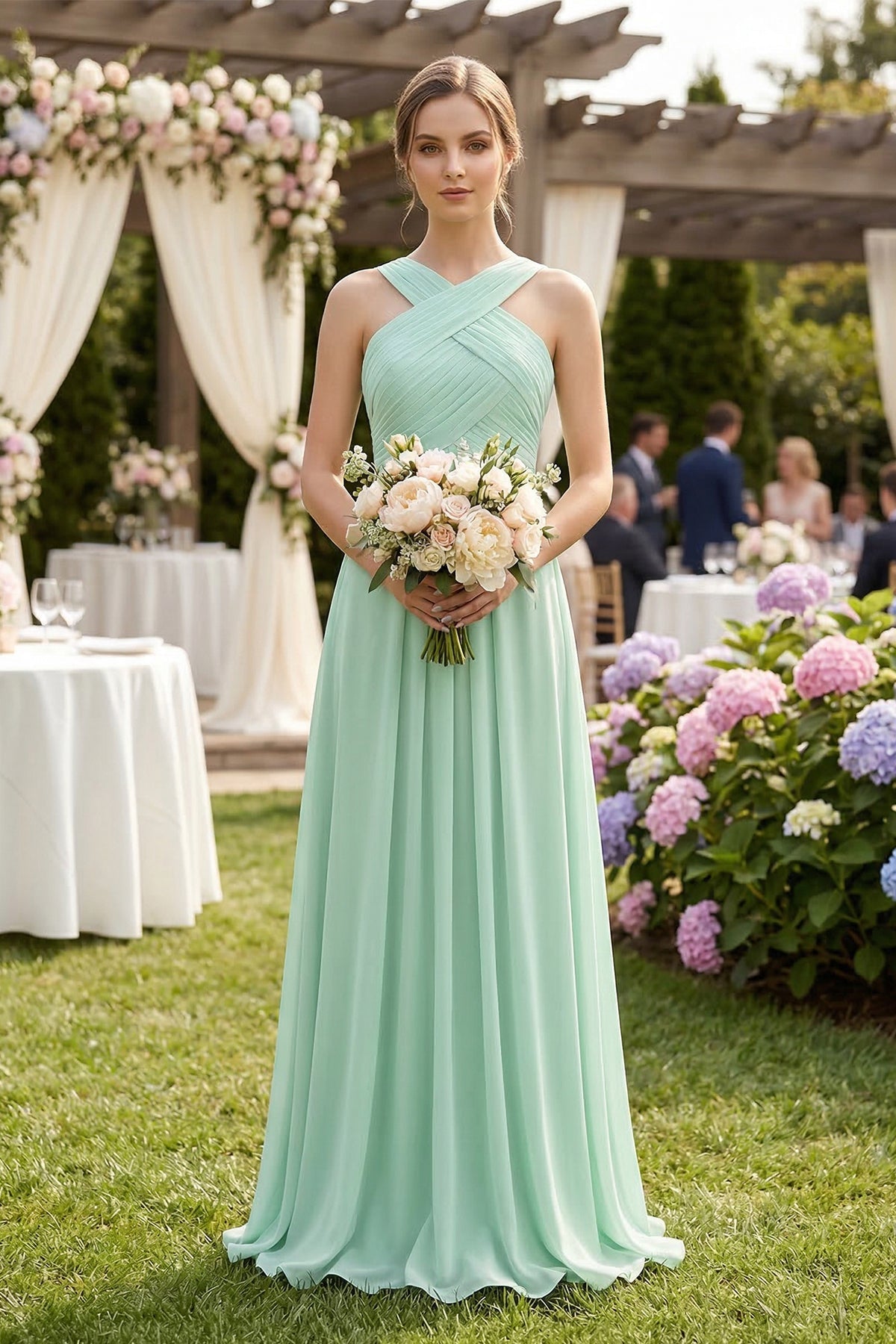 Cross Halter Chiffon A-Line Pleated Bridesmaid Dress in Pale Pistachio - SHE IS ME BRIDESMAID DRESSES