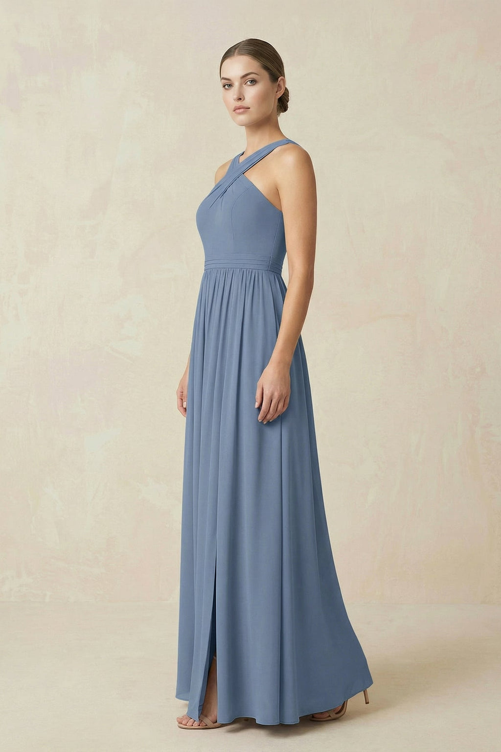 Cross Halter Neck Chiffon A-Line Bridesmaid Dress With Slit in Neptune - SHE IS ME BRIDESMAID DRESSES