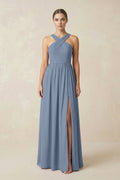 Cross Halter Neck Chiffon A-Line Bridesmaid Dress With Slit in Neptune - SHE IS ME BRIDESMAID DRESSES