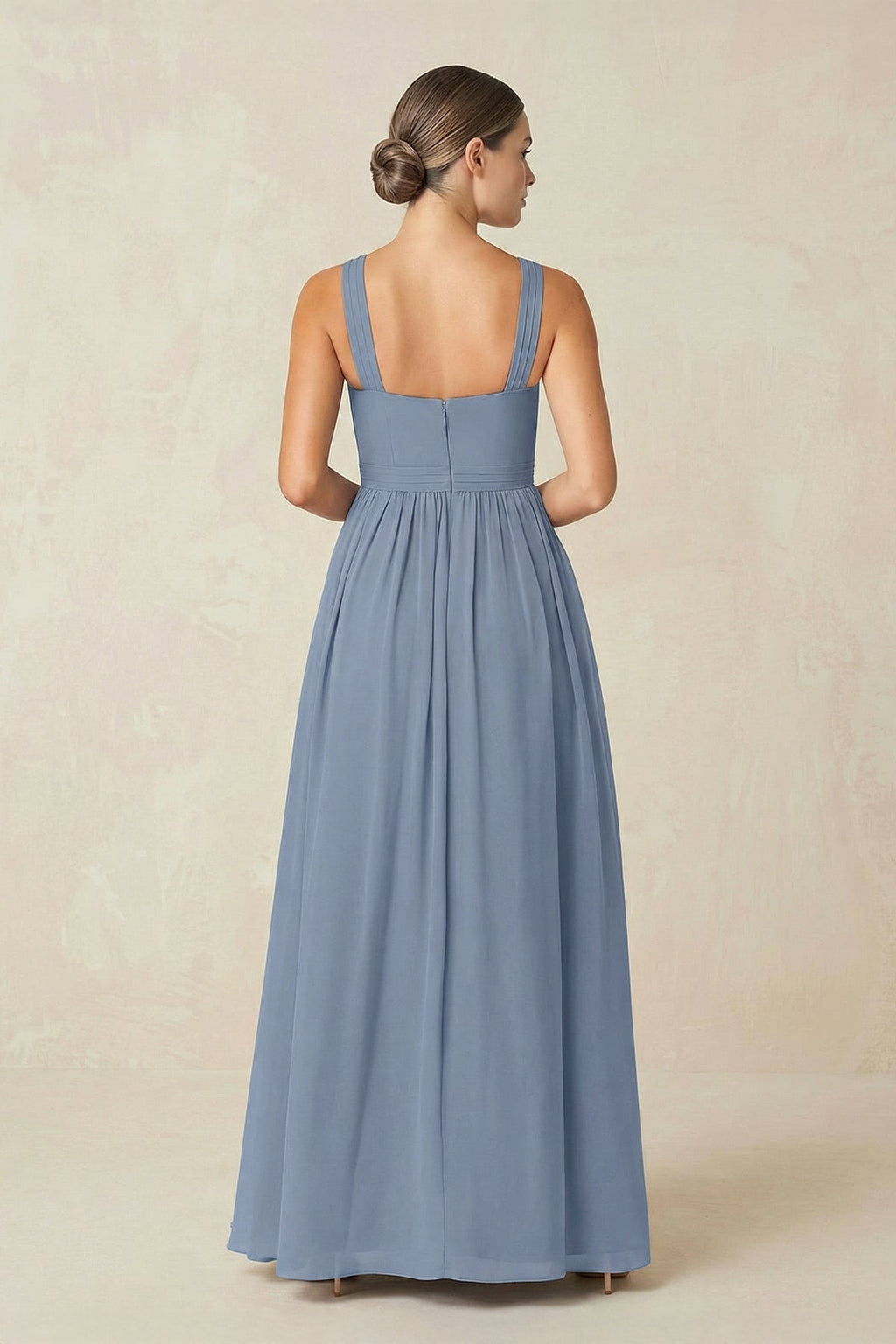 Cross Halter Neck Chiffon A-Line Bridesmaid Dress With Slit in Neptune - SHE IS ME BRIDESMAID DRESSES