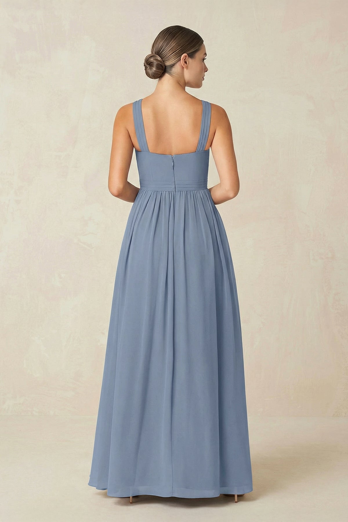 Cross Halter Neck Chiffon A-Line Bridesmaid Dress With Slit in Neptune - SHE IS ME BRIDESMAID DRESSES