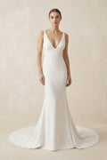 Deep V - Neck Mermaid Chiffon Wedding Dress Detachable Cape in White - SHE IS ME Wedding Dresses