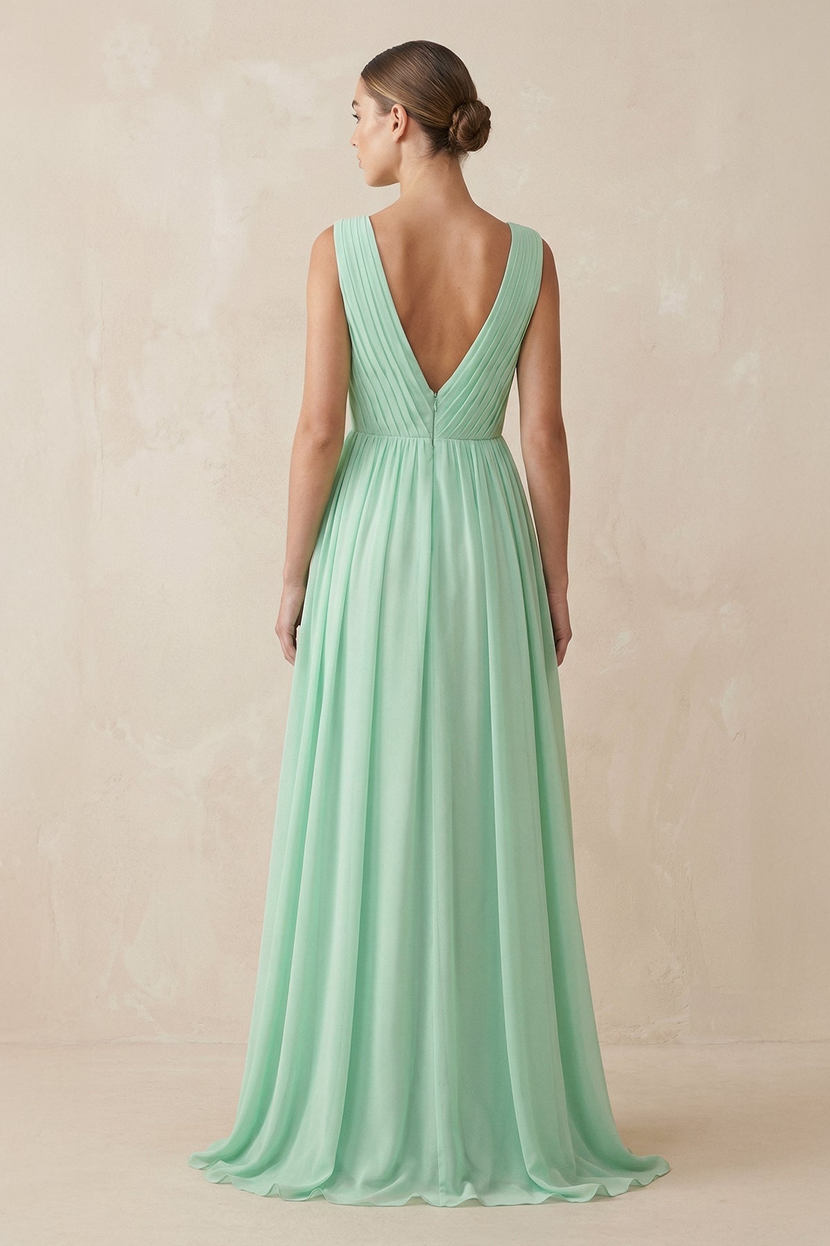 Deep V-Neck Pleated A-Line Chiffon Bridesmaid Dress in Pale Pistachio - SHE IS ME BRIDESMAID DRESSES