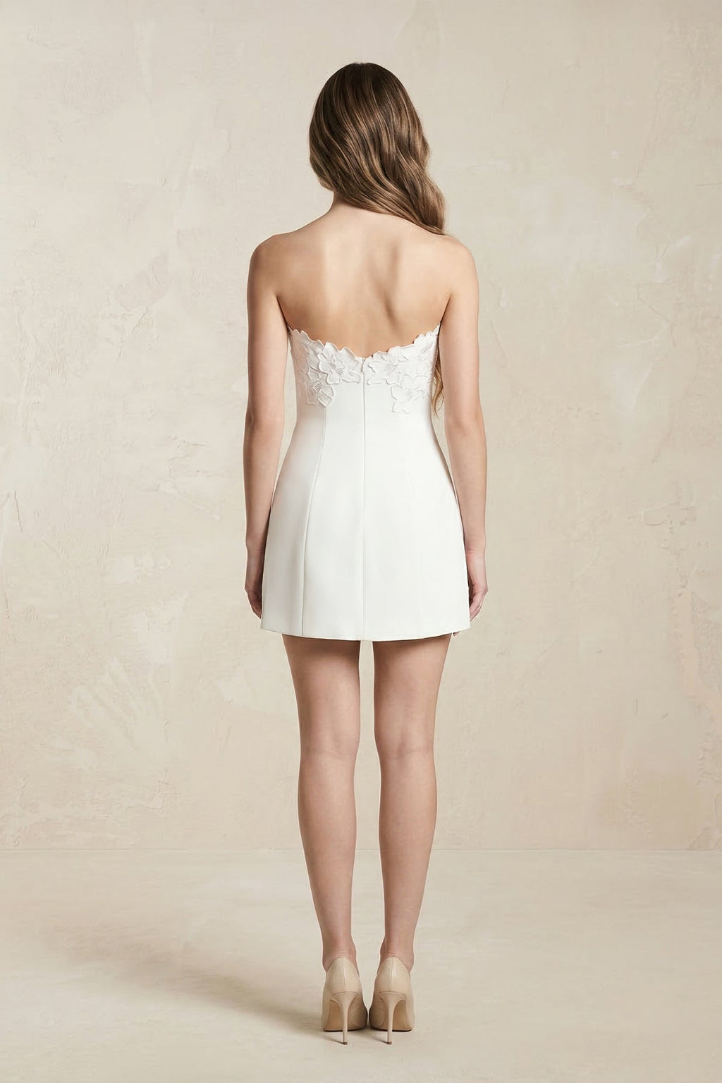 Floral Embroidered Sheath Crepe Mini Wedding Dress in White - SHE IS ME Wedding Dresses