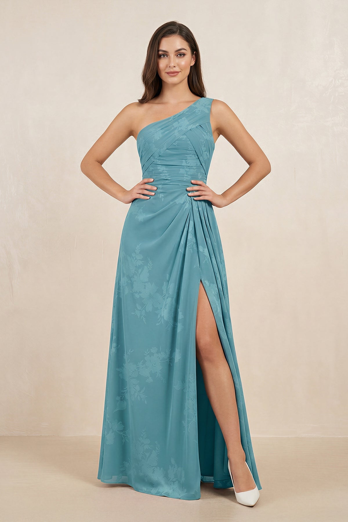 Floral Printed One - Shoulder A - Line Chiffon Bridesmaid Dress in Adriatic Blue - SHE IS ME Bridesmaid Dresses
