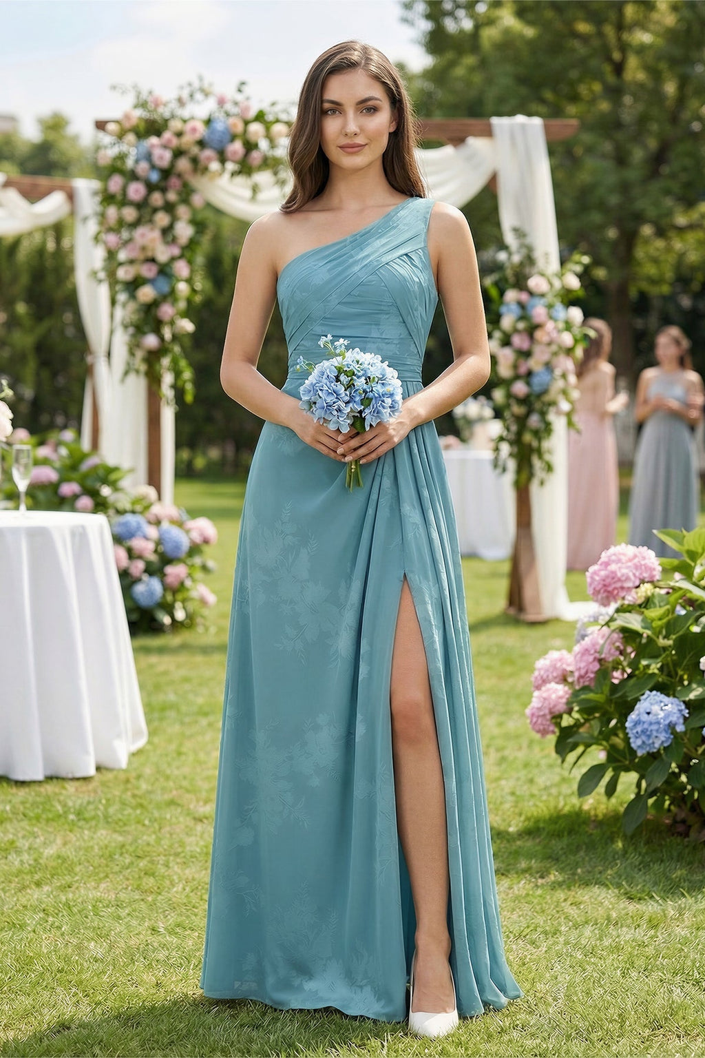 Floral Printed One - Shoulder A - Line Chiffon Bridesmaid Dress in Adriatic Blue - SHE IS ME Bridesmaid Dresses