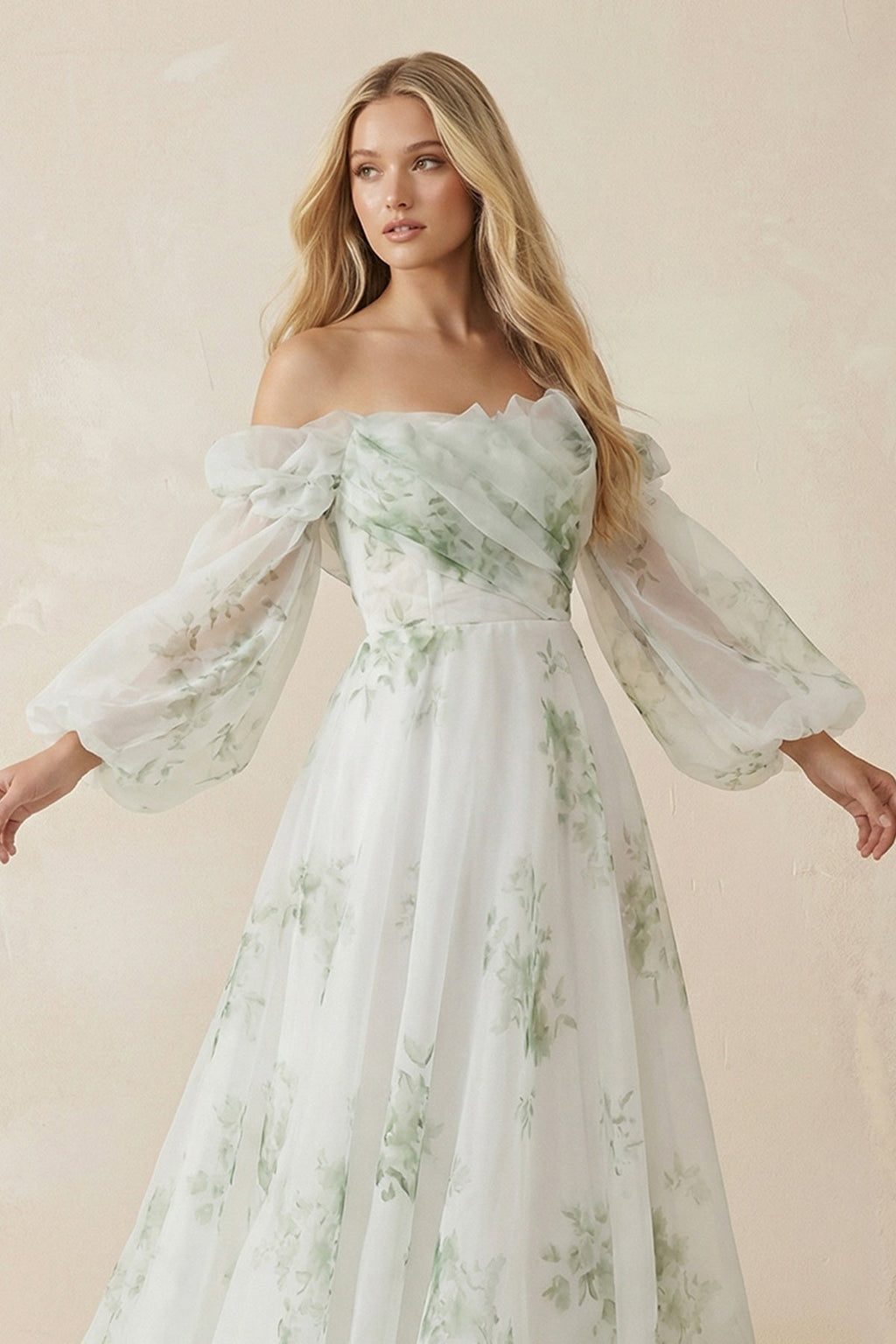 Floral Printed Organza A - Line Off - the - Shoulder Wedding Dress in White - SHE IS ME Wedding Dresses