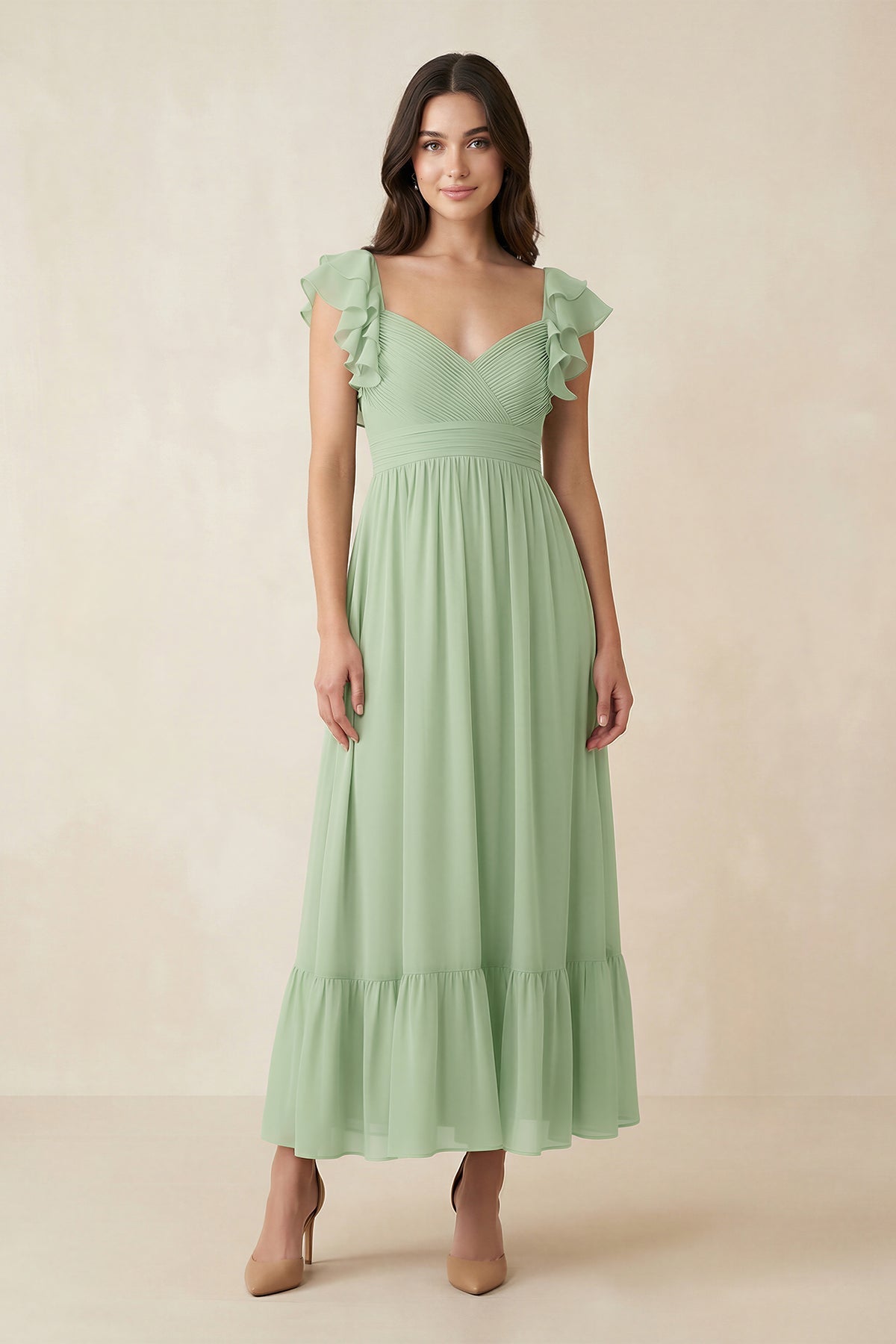 Flutter Sleeve Sweetheart A-Line Chiffon Bridesmaid Dress in Sage - SHE IS ME BRIDESMAID DRESSES