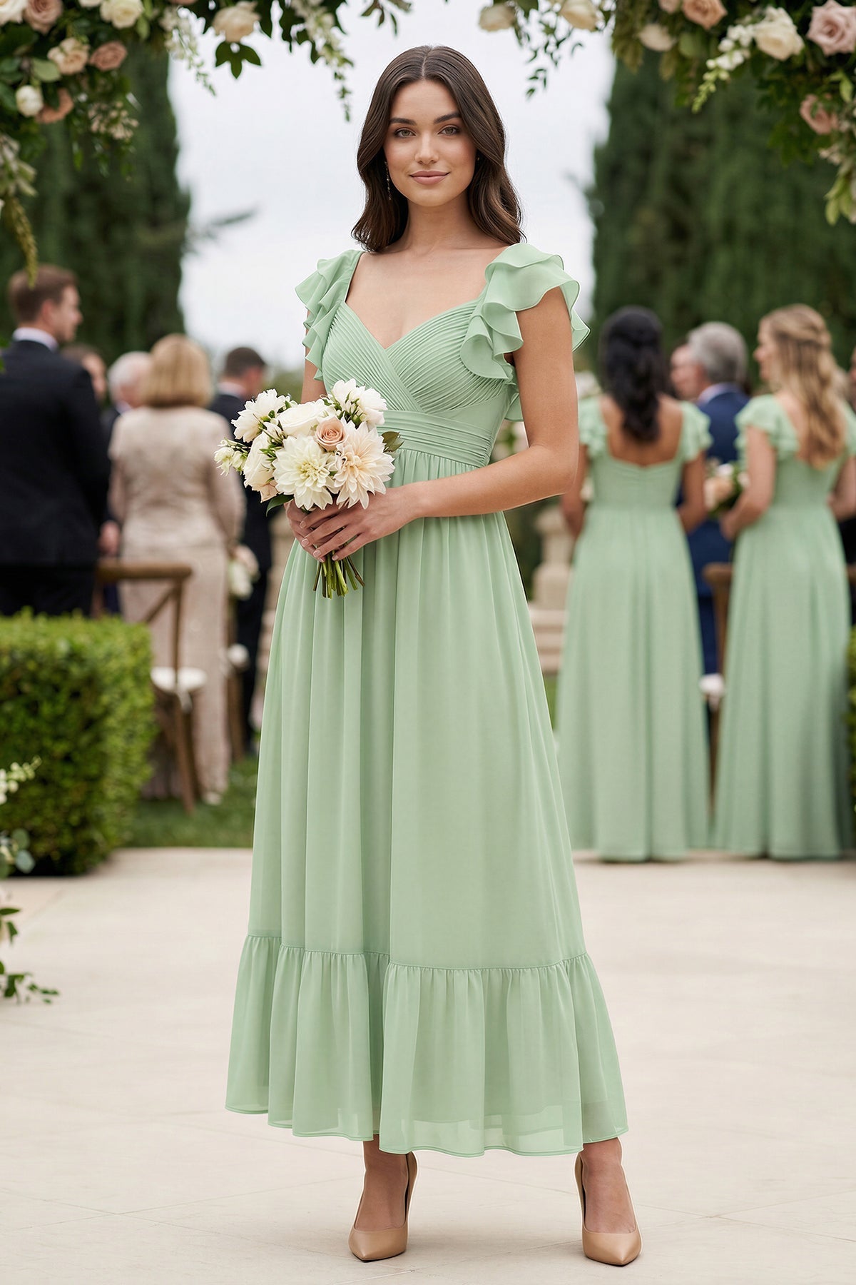 Flutter Sleeve Sweetheart A-Line Chiffon Bridesmaid Dress in Sage - SHE IS ME BRIDESMAID DRESSES