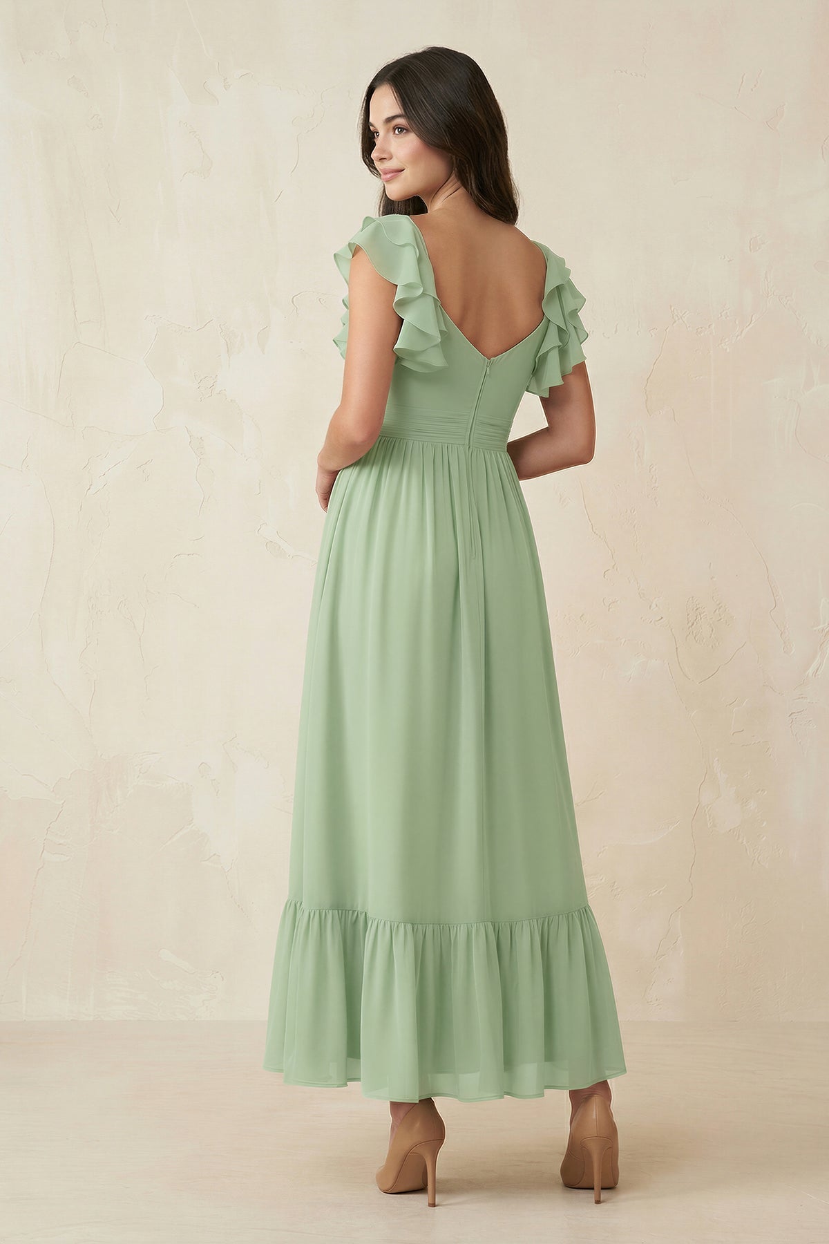 Flutter Sleeve Sweetheart A-Line Chiffon Bridesmaid Dress in Sage - SHE IS ME BRIDESMAID DRESSES