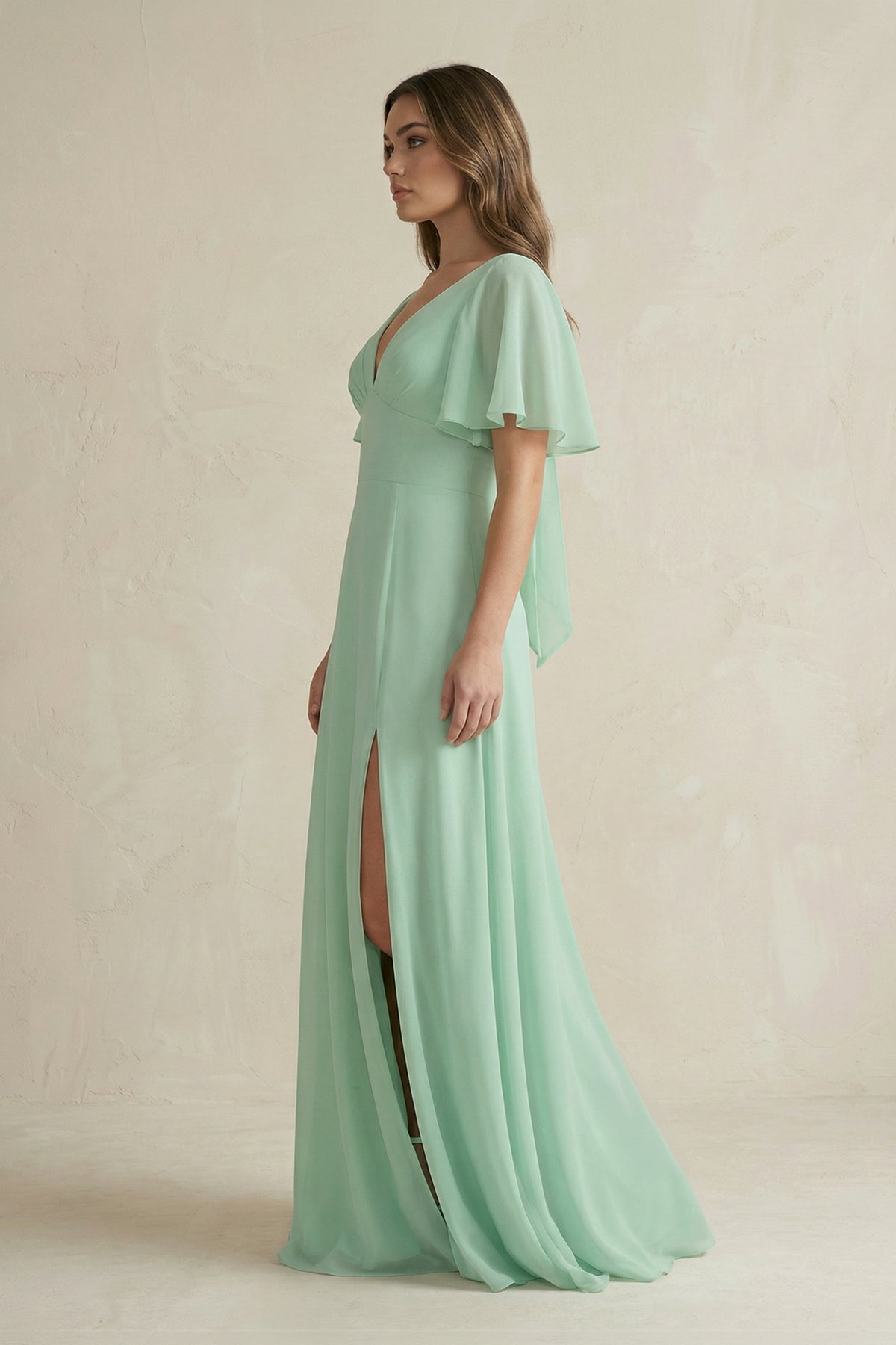 Flutter Sleeve V - Neck A - Line Chiffon Bridesmaid Dress - SHE IS ME Bridesmaid Dresses